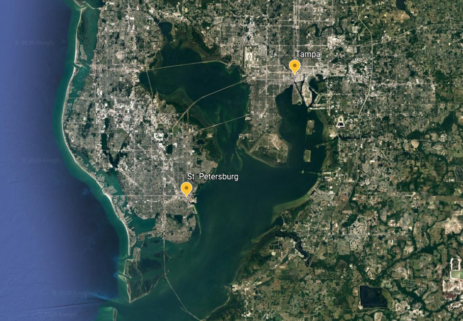 Map showing St. Petersburg and Tampa, FL