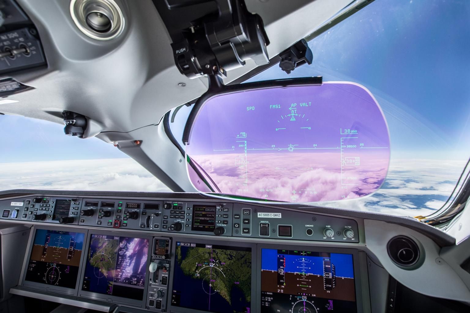 A220 flight deck and heads-up display